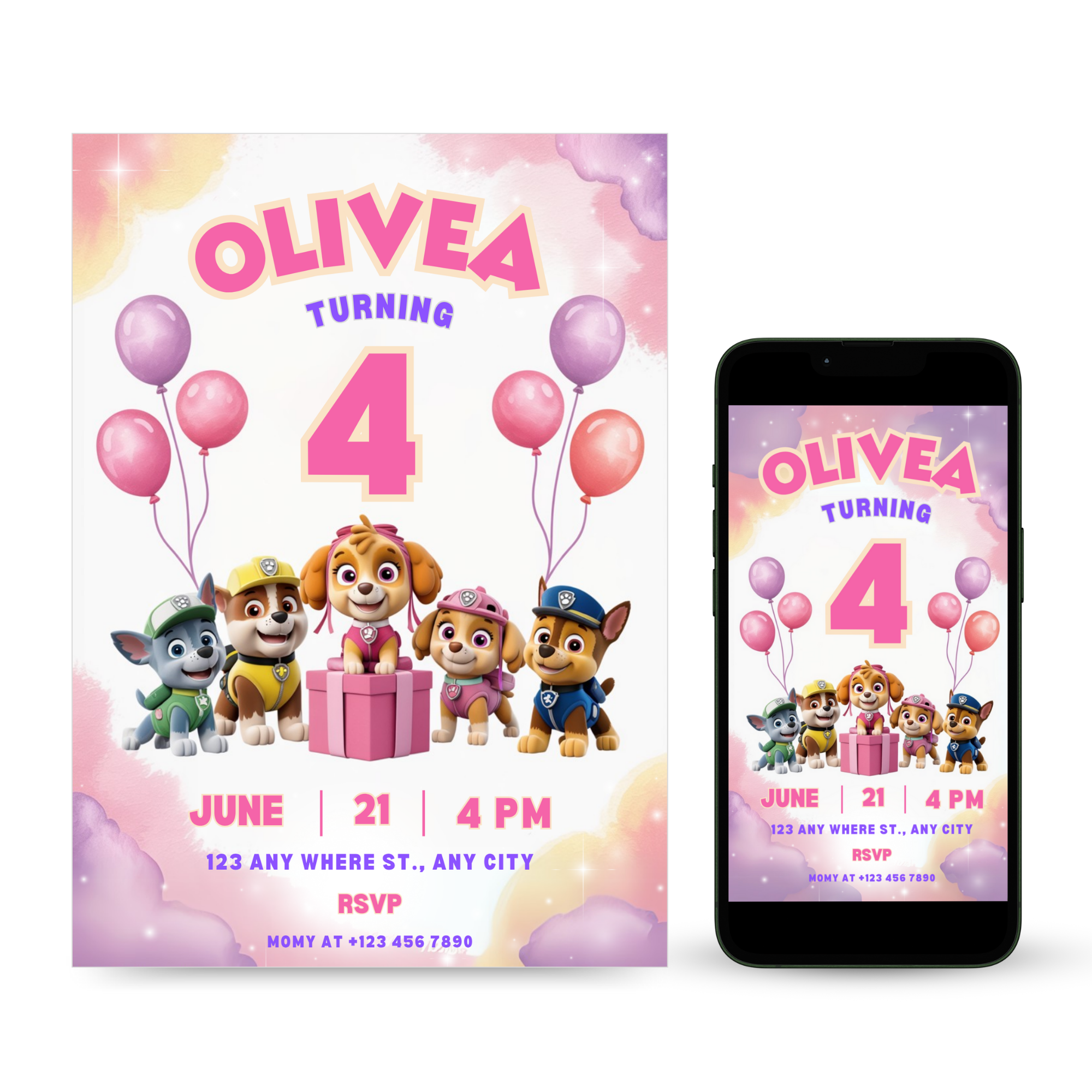 Pink Paw Patrol Digital Invitation for Girls