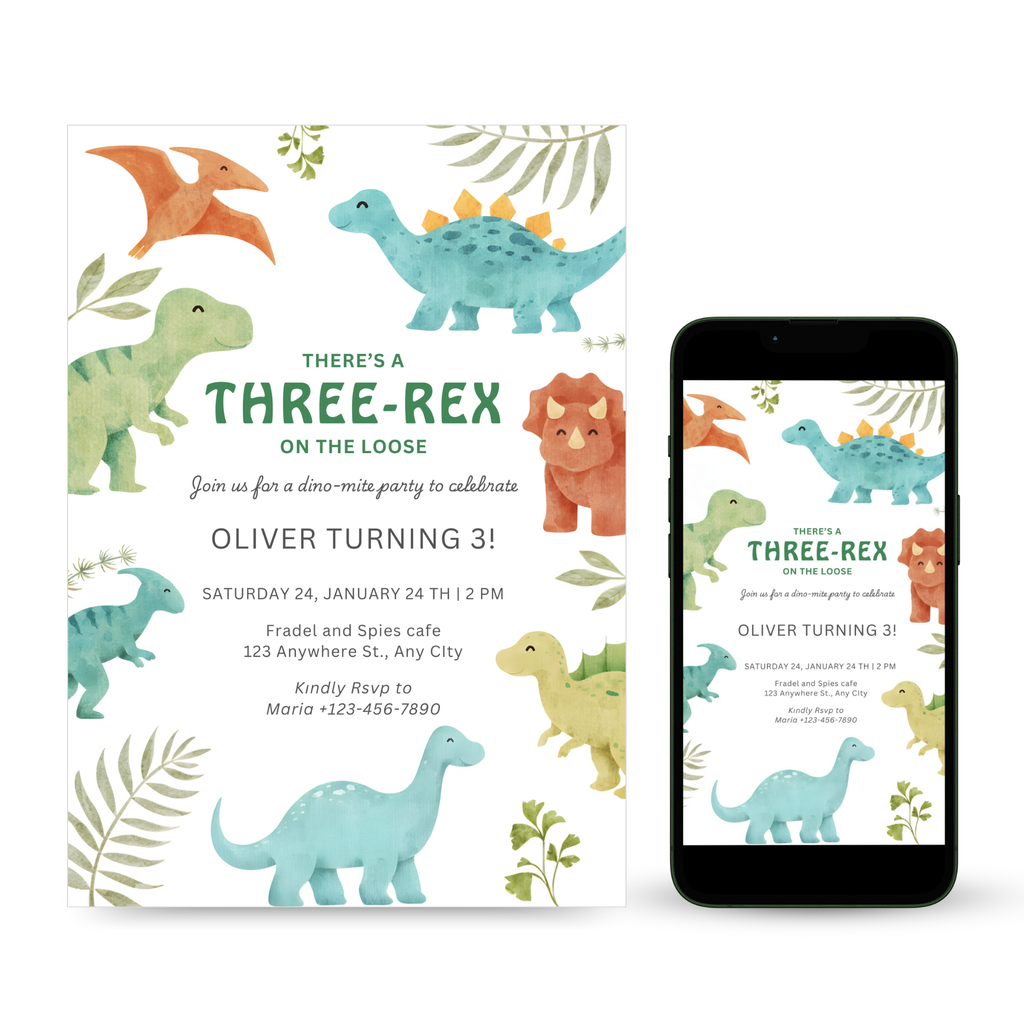 Three Rex Birthday Invitation with cute T-Rex illustration for a 3rd birthday party