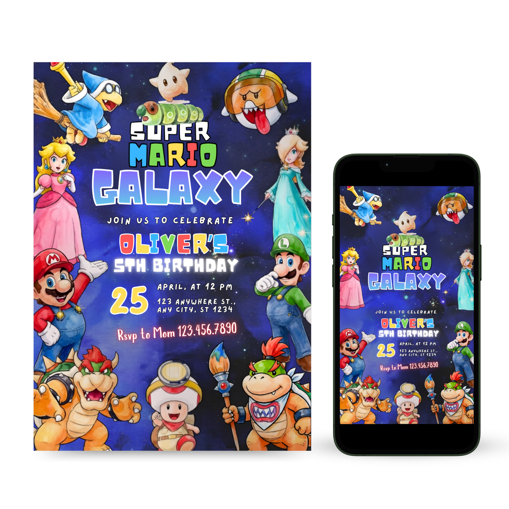 Super Mario Galaxy birthday invitation template blue space theme