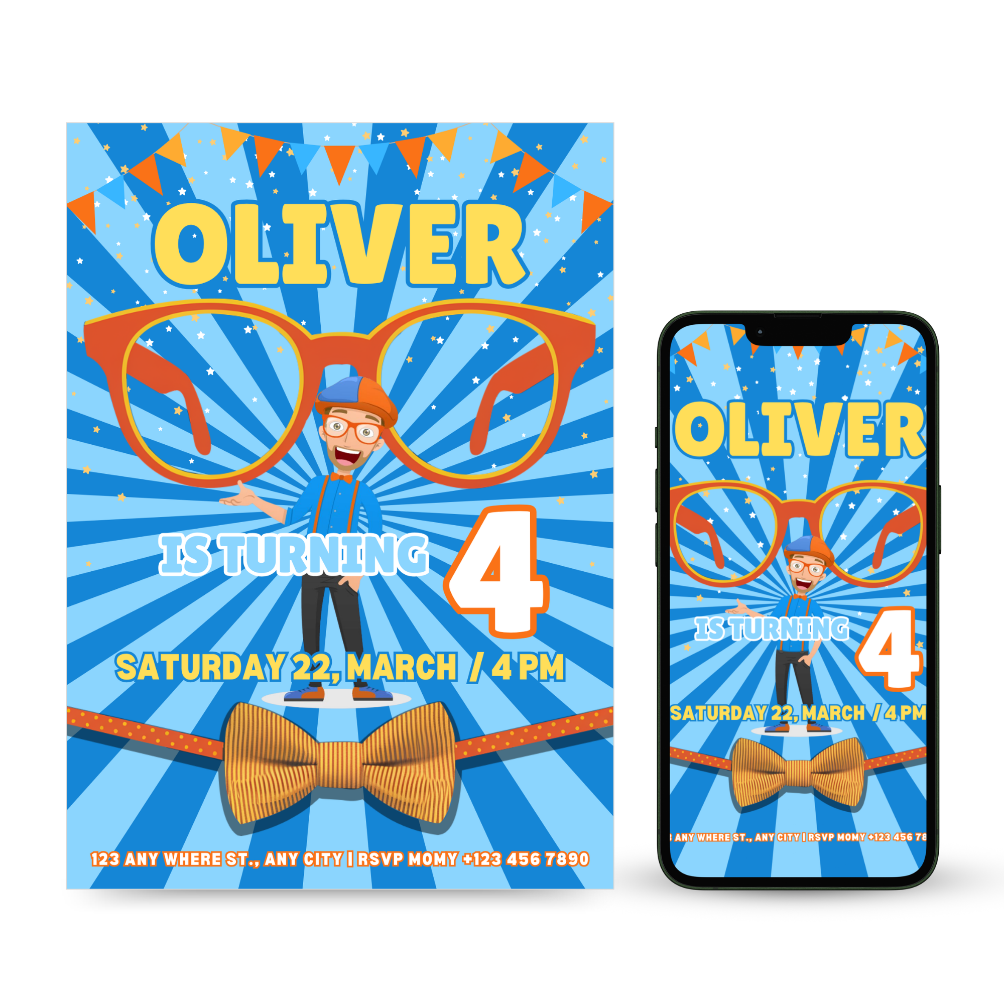 Blippi birthday invitation for boy orange blue design