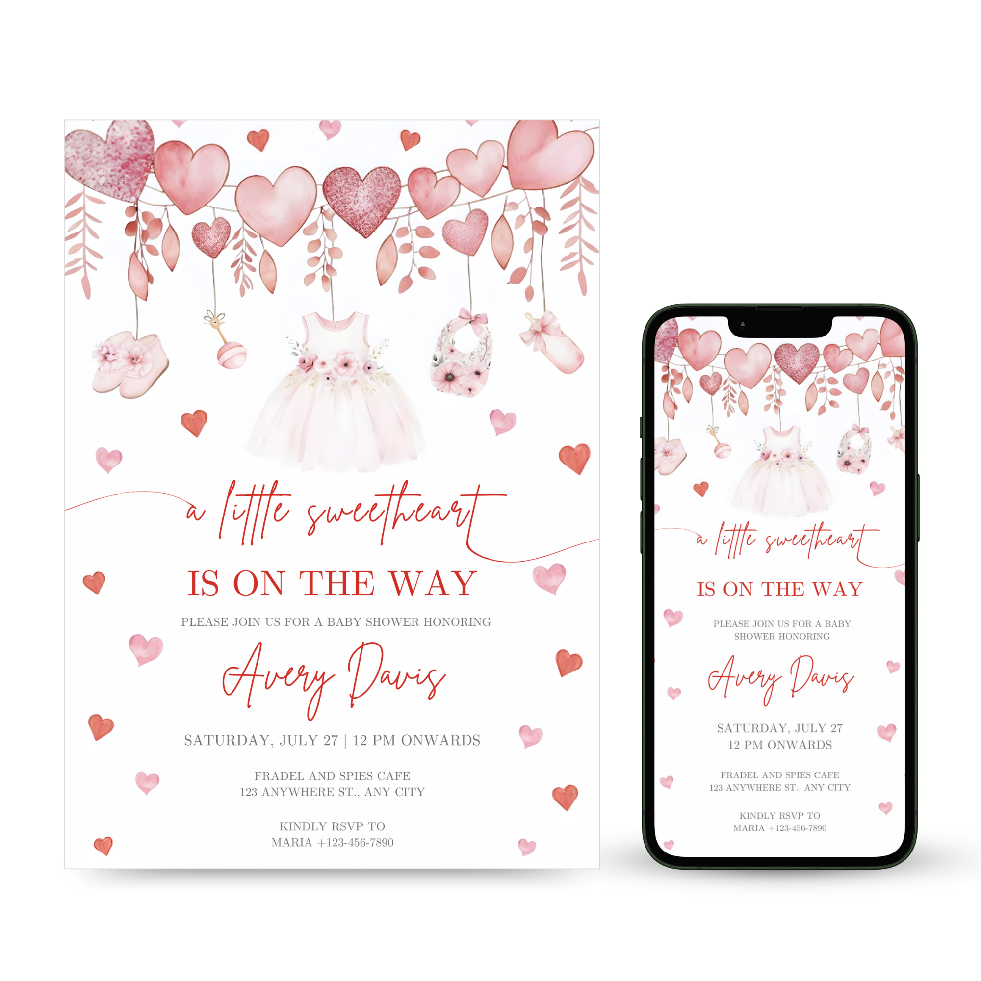 Little Sweetheart Baby Shower Invitation with pink heart design