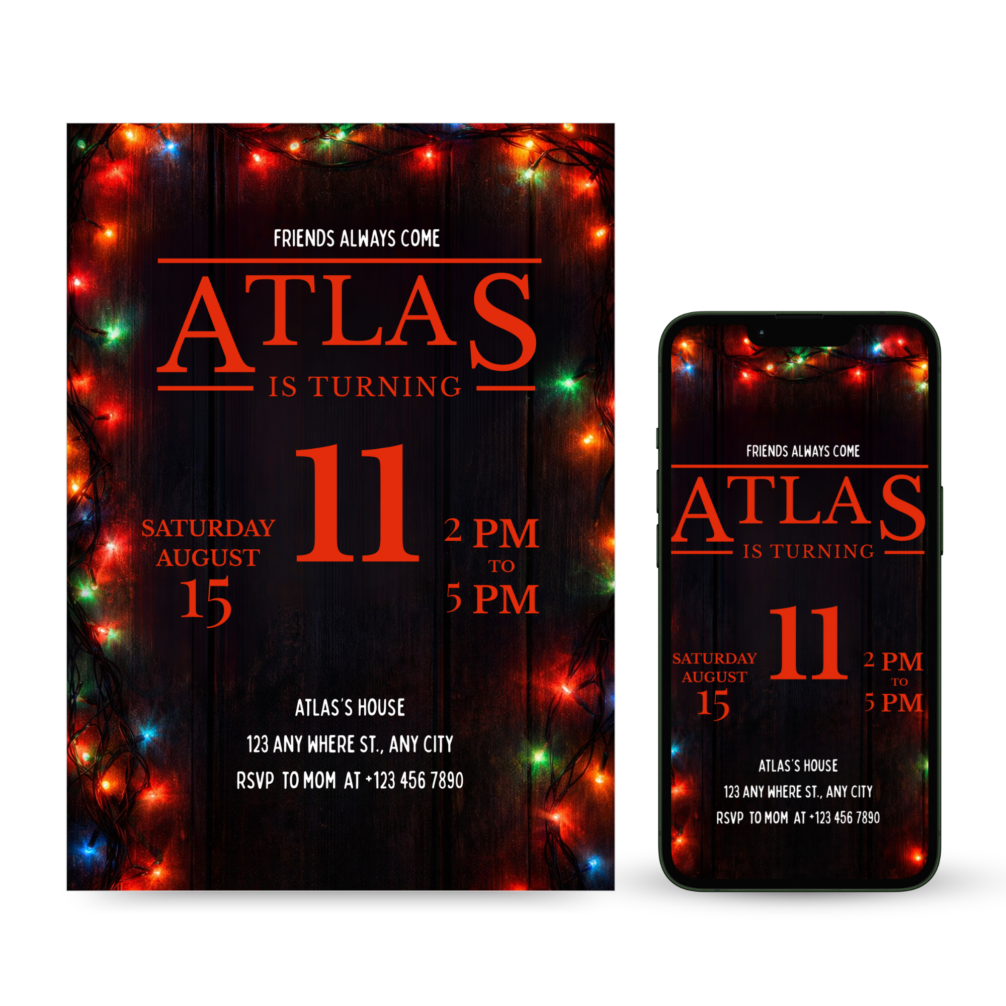 Stranger Things invitation with retro 80s neon typography