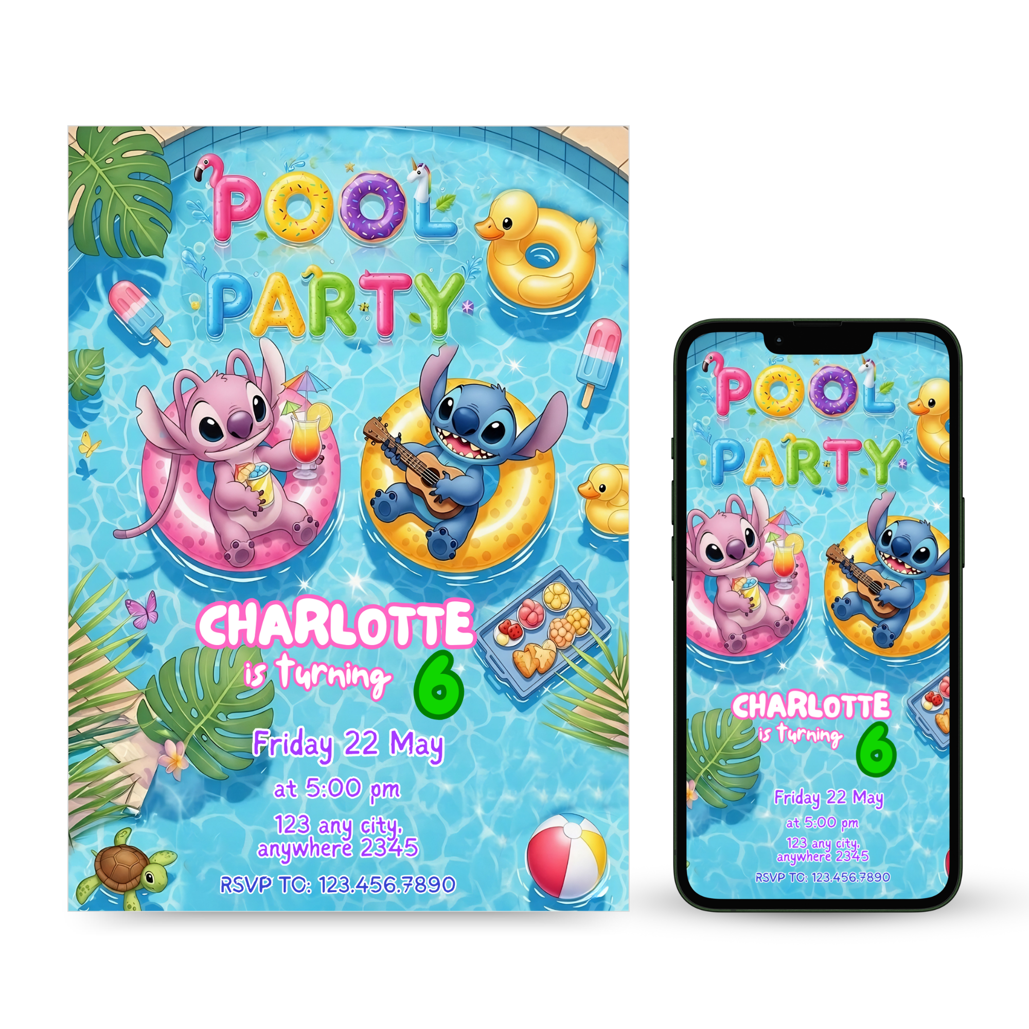 Stitch pool party birthday invitation template editable in Canva