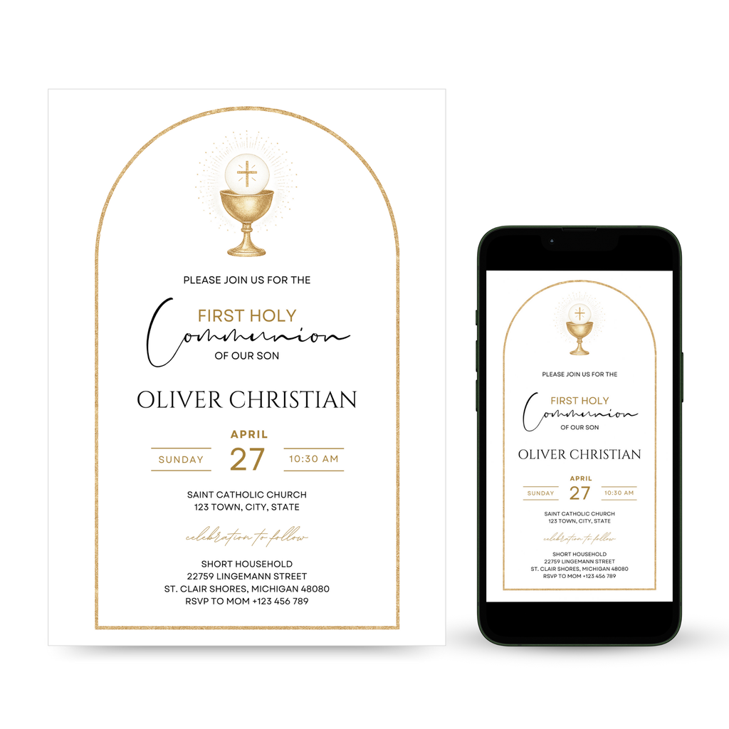 Elegant First Holy Communion invitation with soft neutral colors and religious design