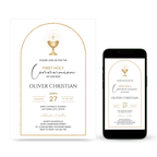 Elegant First Holy Communion invitation with soft neutral colors and religious design