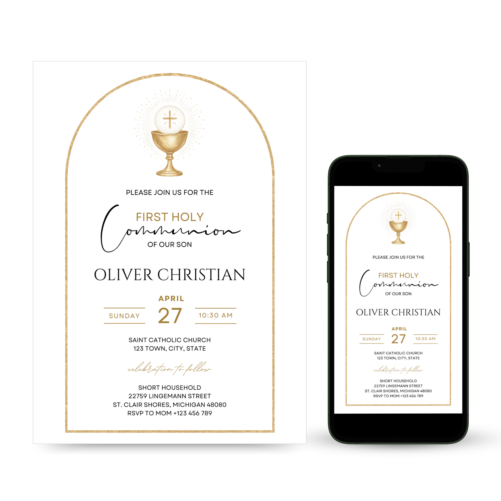 Elegant First Holy Communion invitation with soft neutral colors and religious design