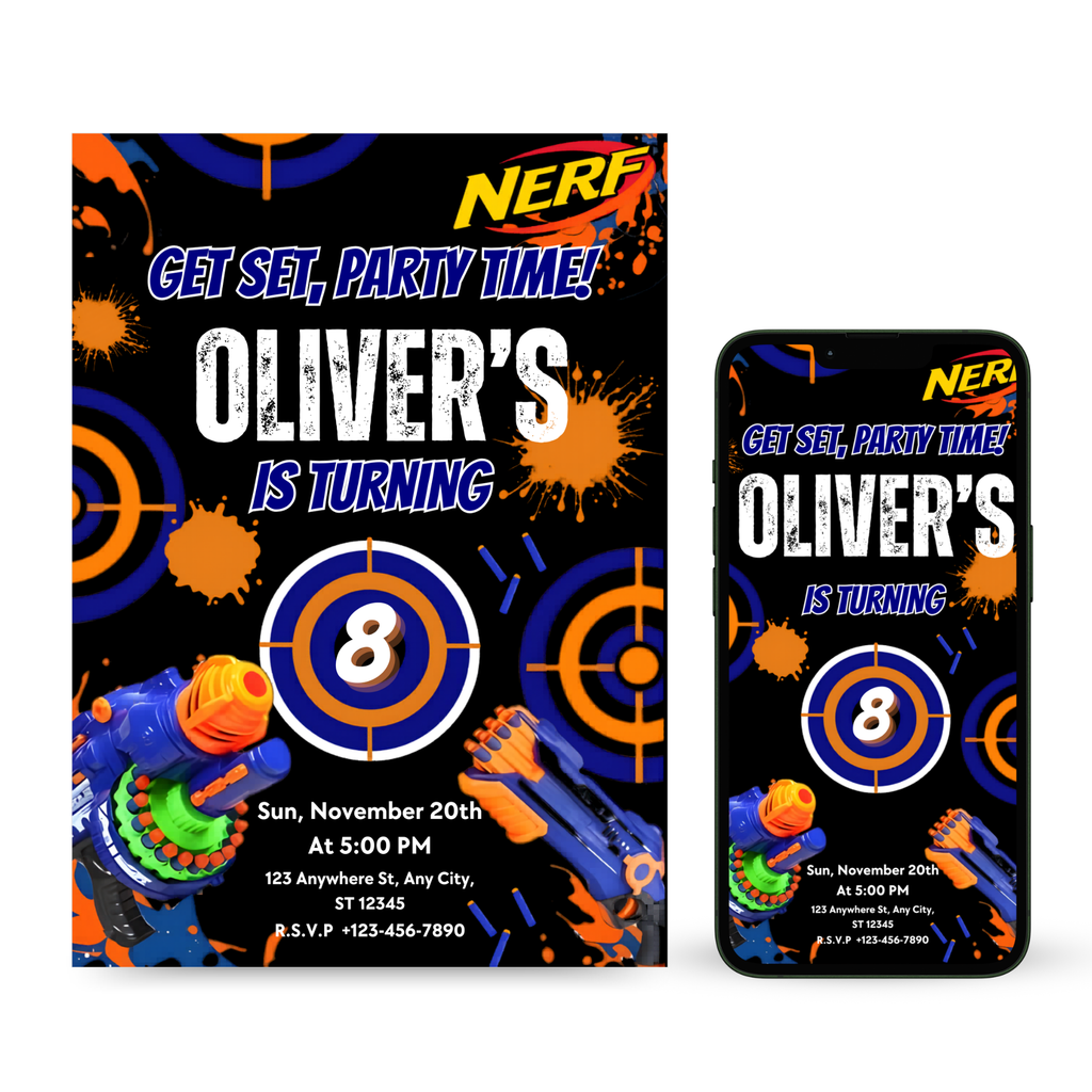 kids nerf birthday invitation template editable canva