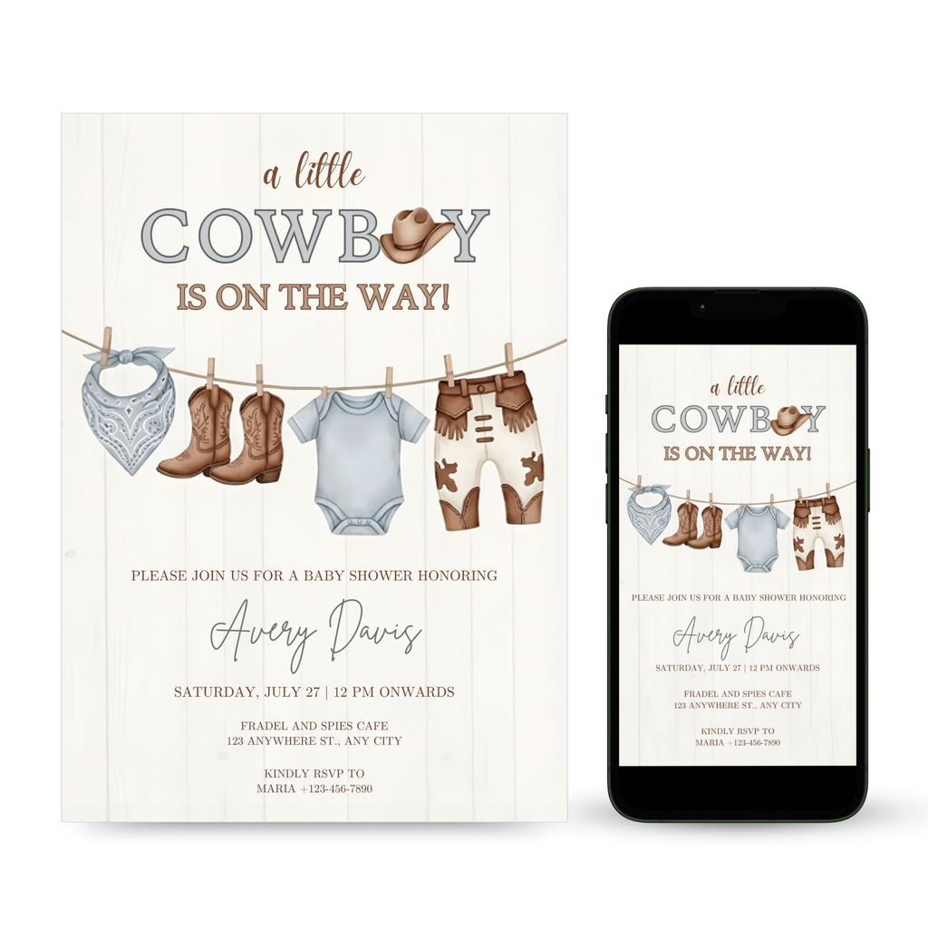 Cowboy baby shower invitation with rustic western theme, cowboy hat and boots design