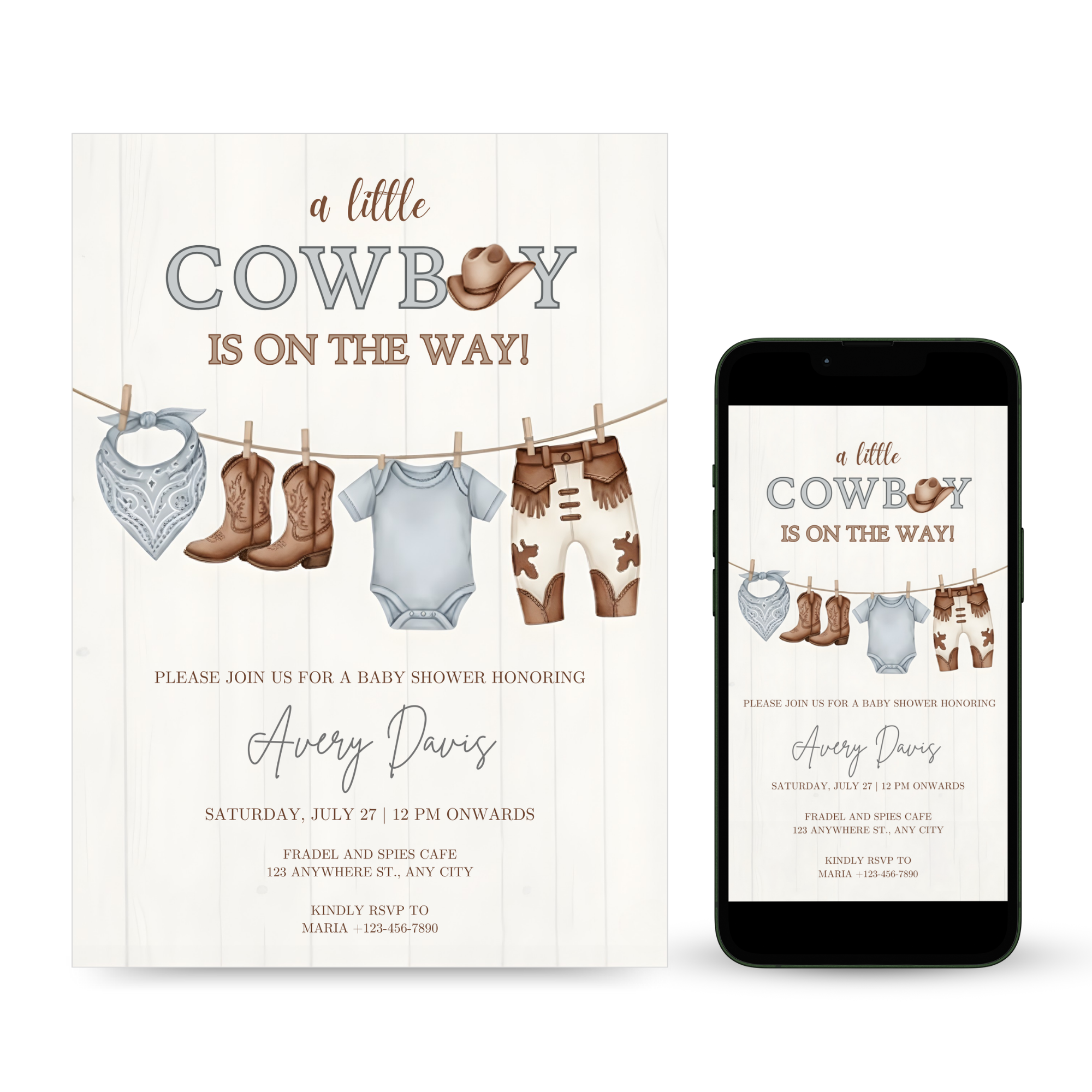 Cowboy baby shower invitation with rustic western theme, cowboy hat and boots design