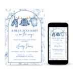 Blue Jean Baby Shower Invitation with denim texture and blue tones