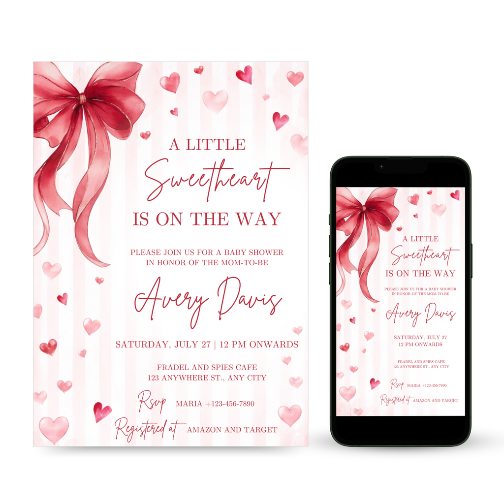 Little Sweetheart Baby Shower Invitation with pink hearts and Valentine theme design