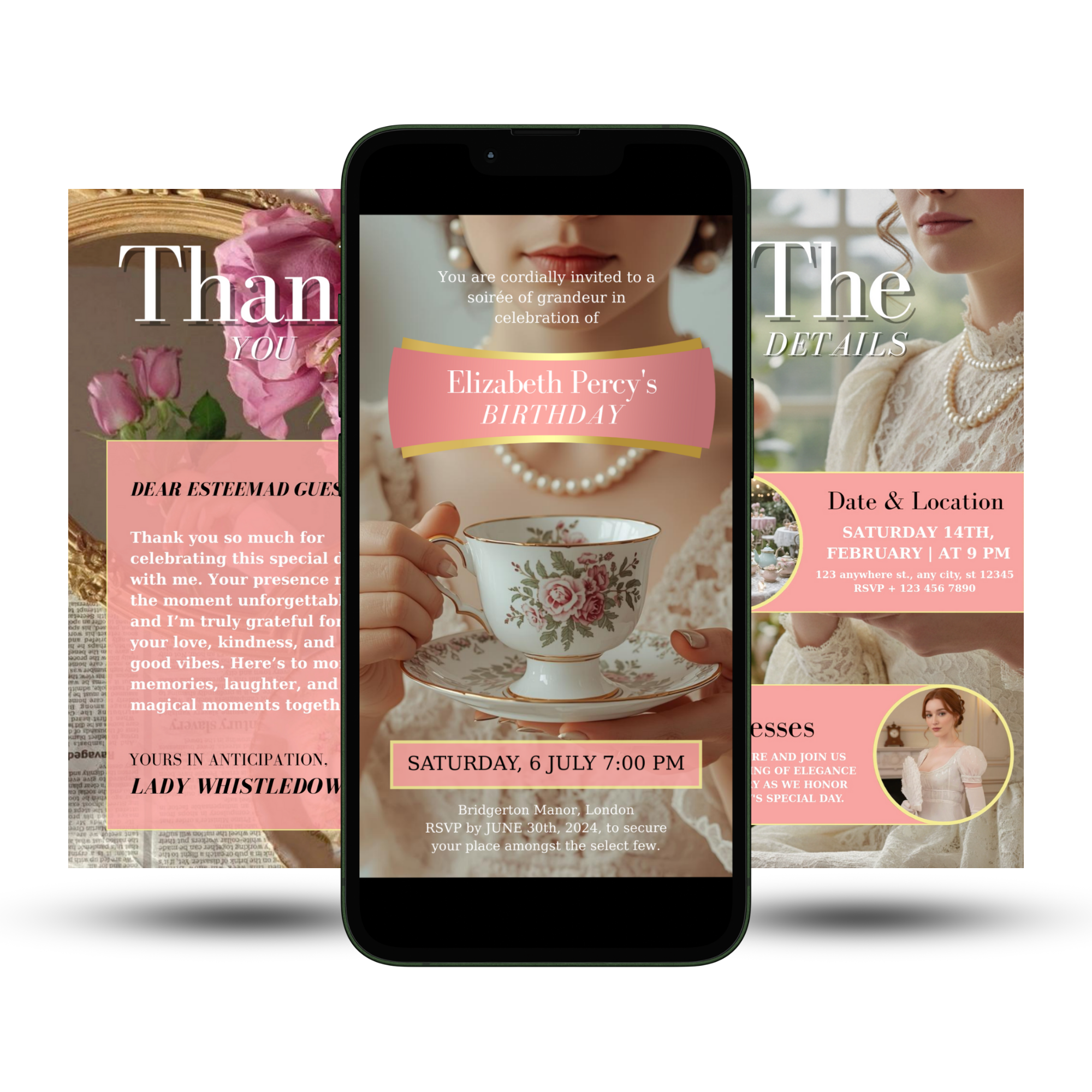 Elegant Bridgerton invitation with pastel florals and gold frame