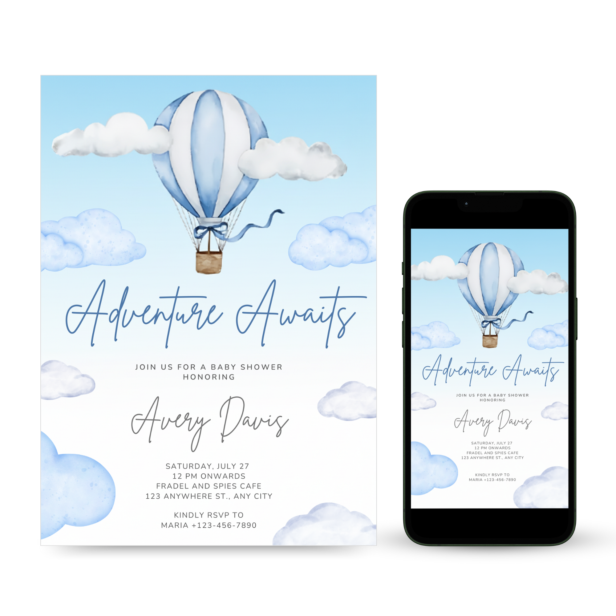 Adventure Awaits Baby Shower Invitation Air Balloon Up with pastel hot air balloons