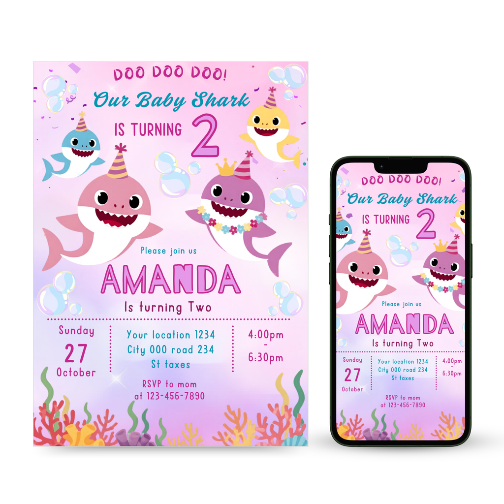 Baby Shark Birthday Invitation editable Canva template for kids