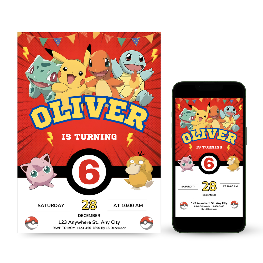 Pokemon birthday invitation with Pikachu theme
