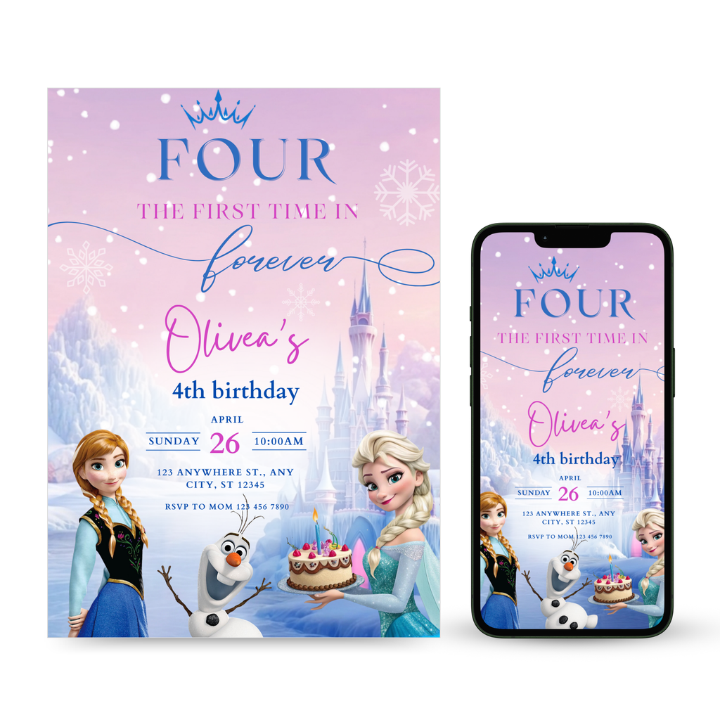 Frozen birthday invitation editable Canva template for 4th birthday party