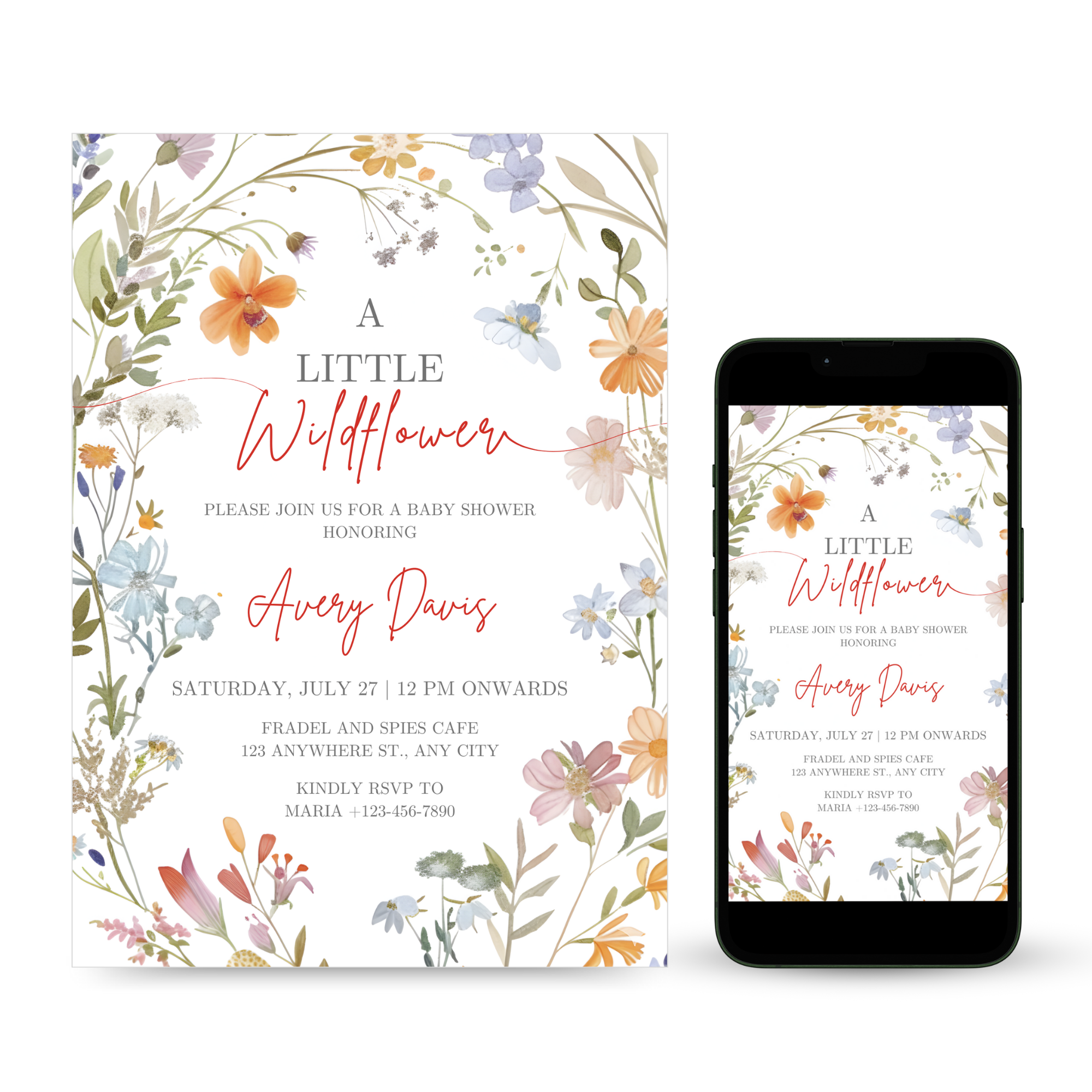 A Little Wildflower Baby Shower Invitation with soft watercolor flowers and greenery