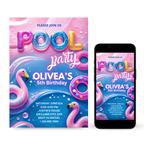 Tropical blue Pool Party Invitation template with palm leaves and water splash background