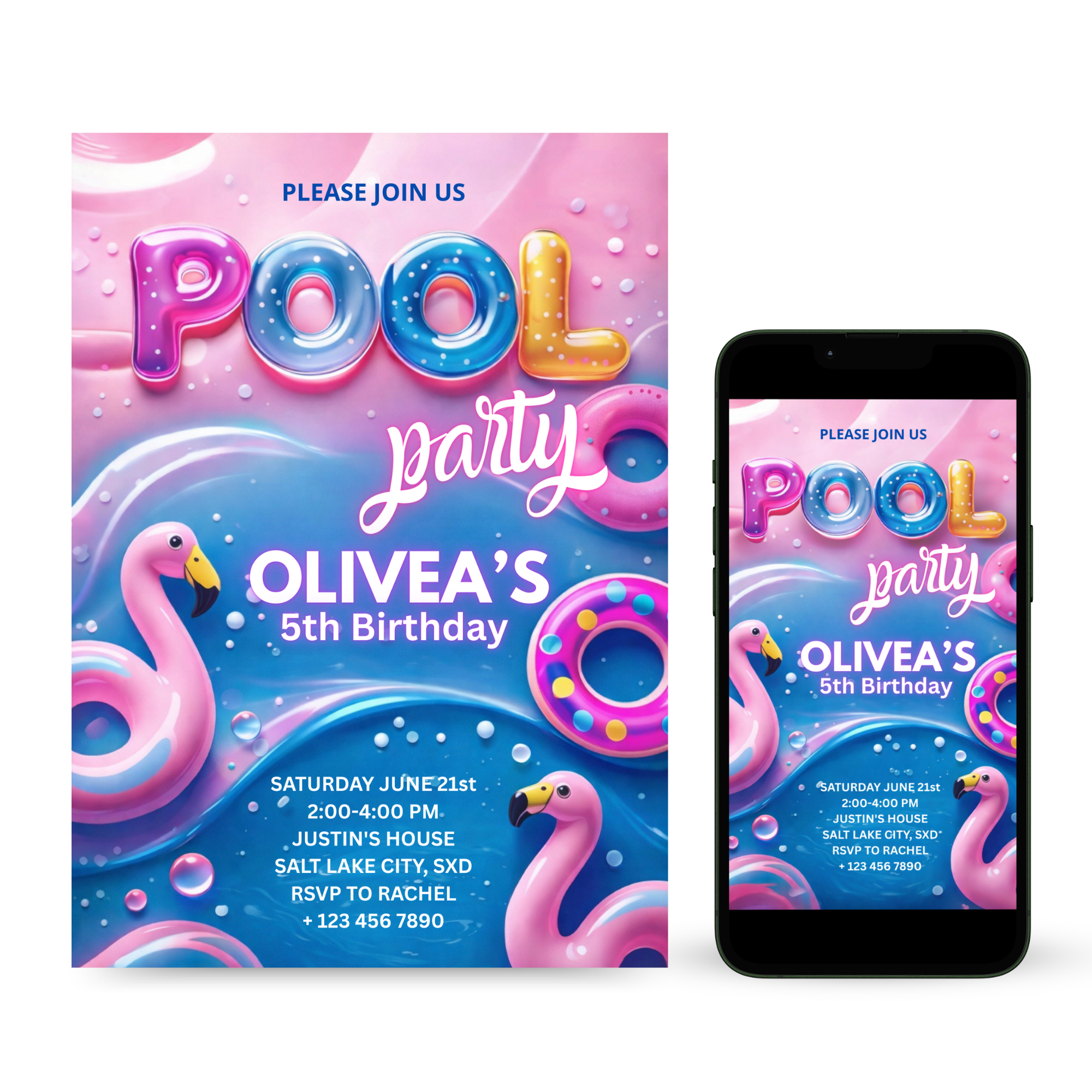 Tropical blue Pool Party Invitation template with palm leaves and water splash background