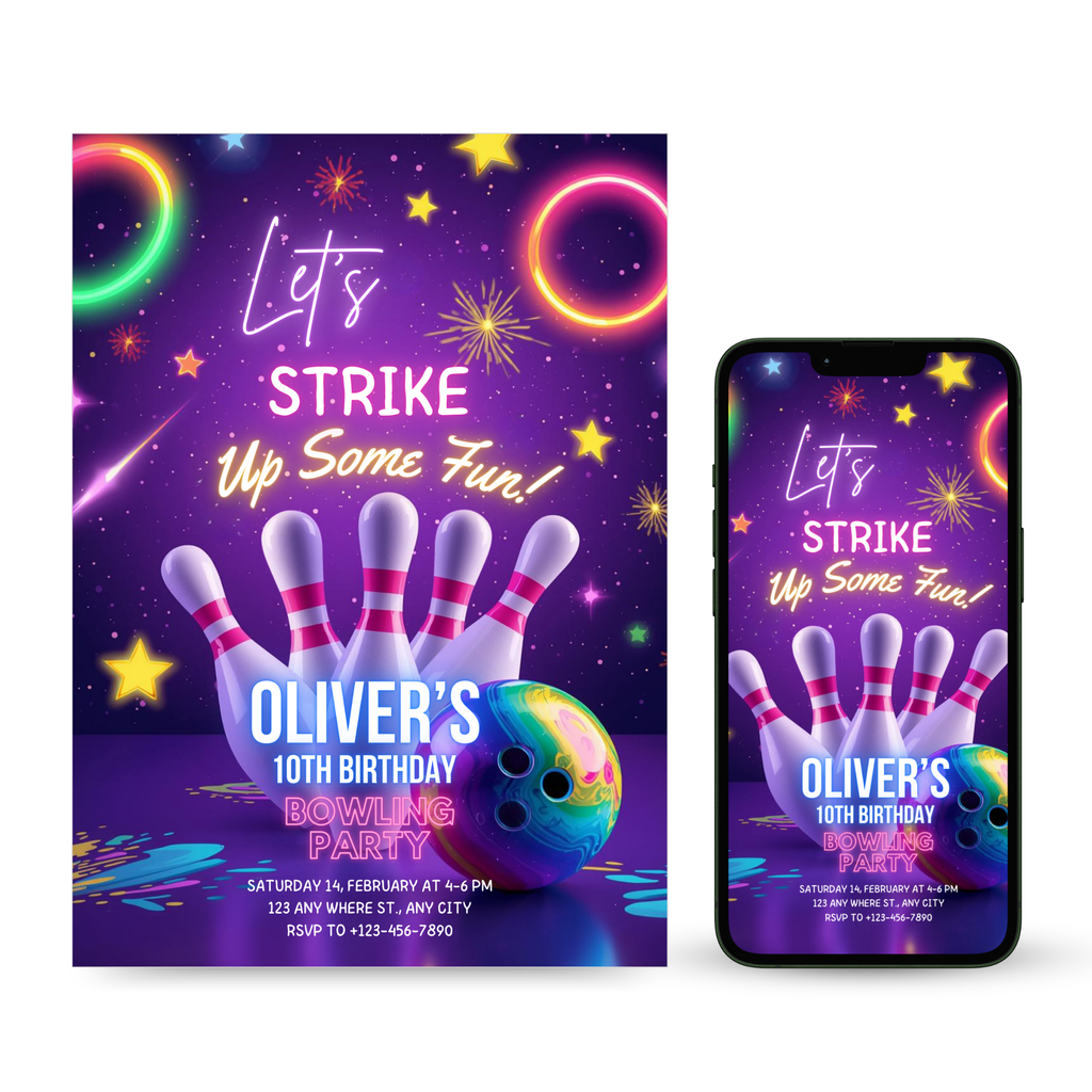 Bowling party invitation with colorful bowling ball and pins design