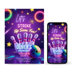 Bowling party invitation with colorful bowling ball and pins design