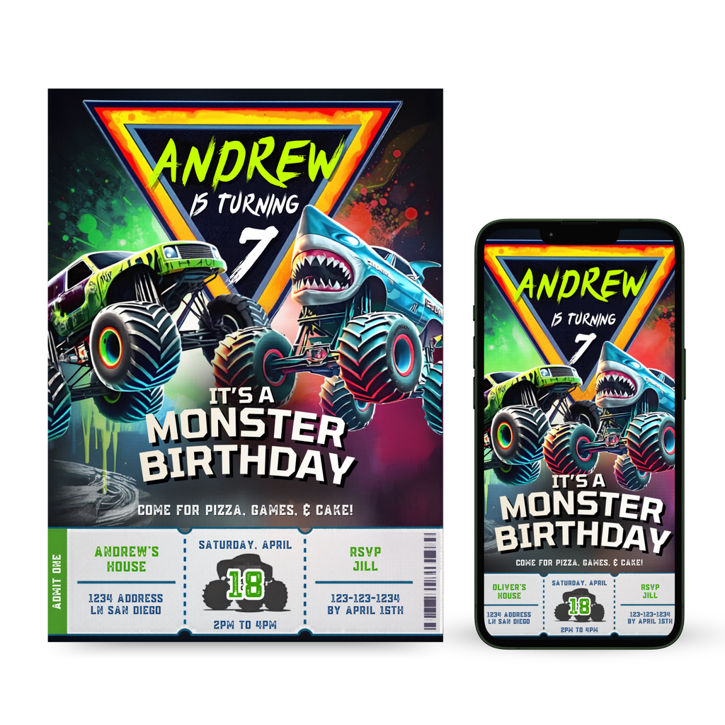 monster truck birthday invitation colorful kids template