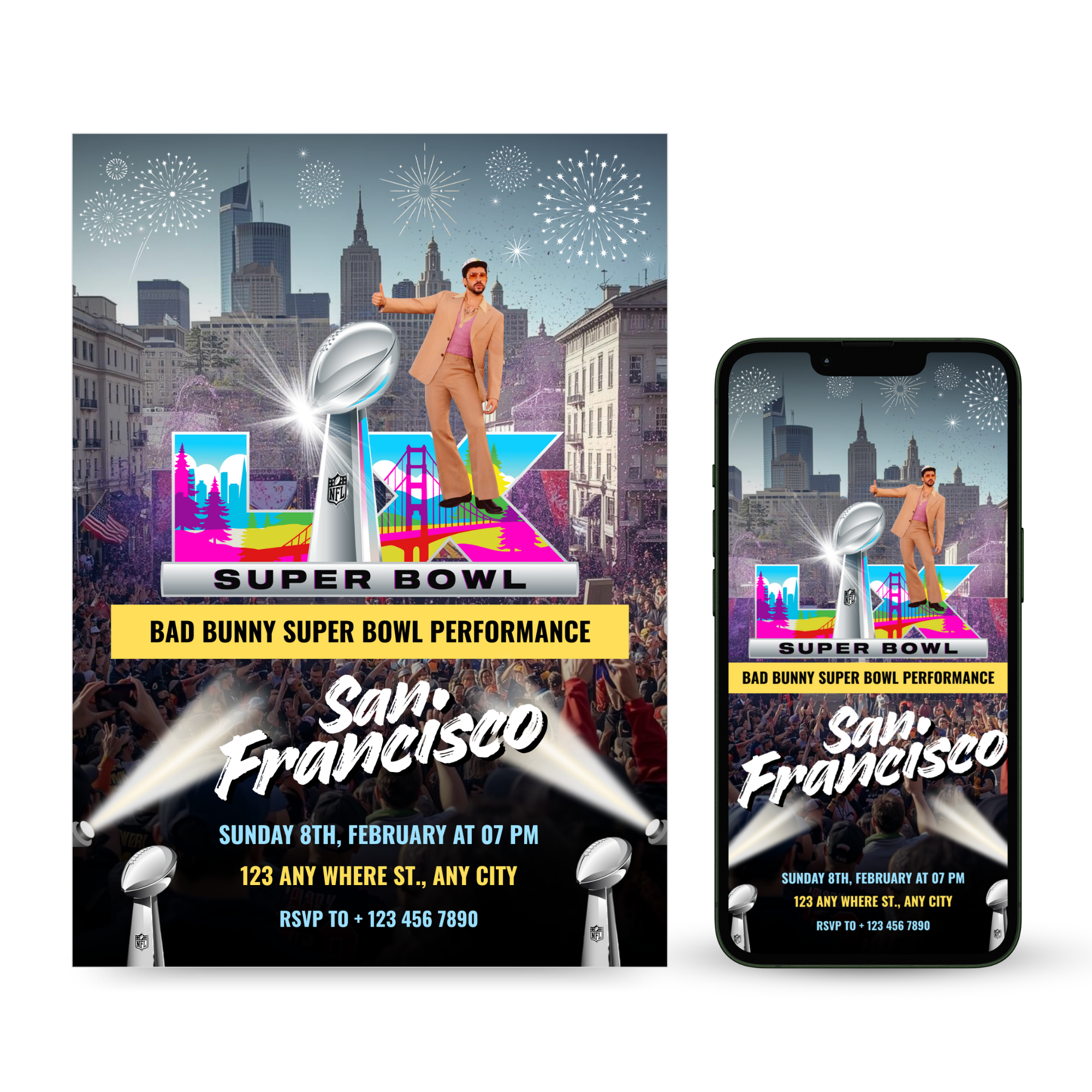 2026 Bad Bunny Super Bowl party invitation with neon colors and urban Latin party style