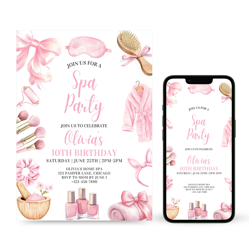 Girl Pink Spa Birthday Template with cucumbers and face mask illustration