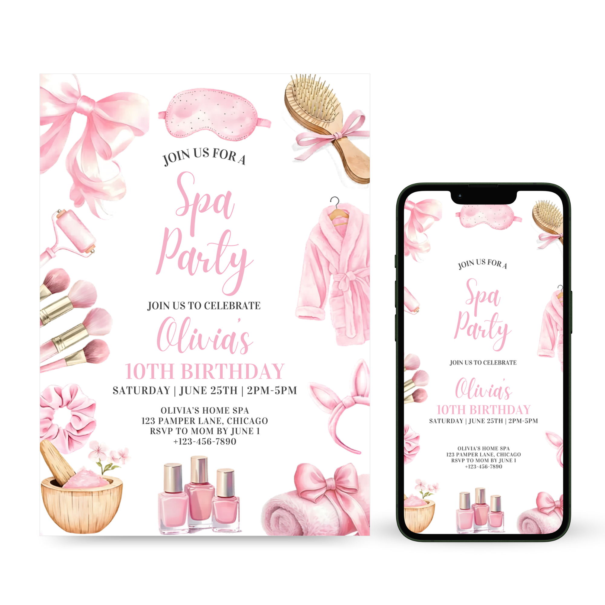 Girl Pink Spa Birthday Template with cucumbers and face mask illustration