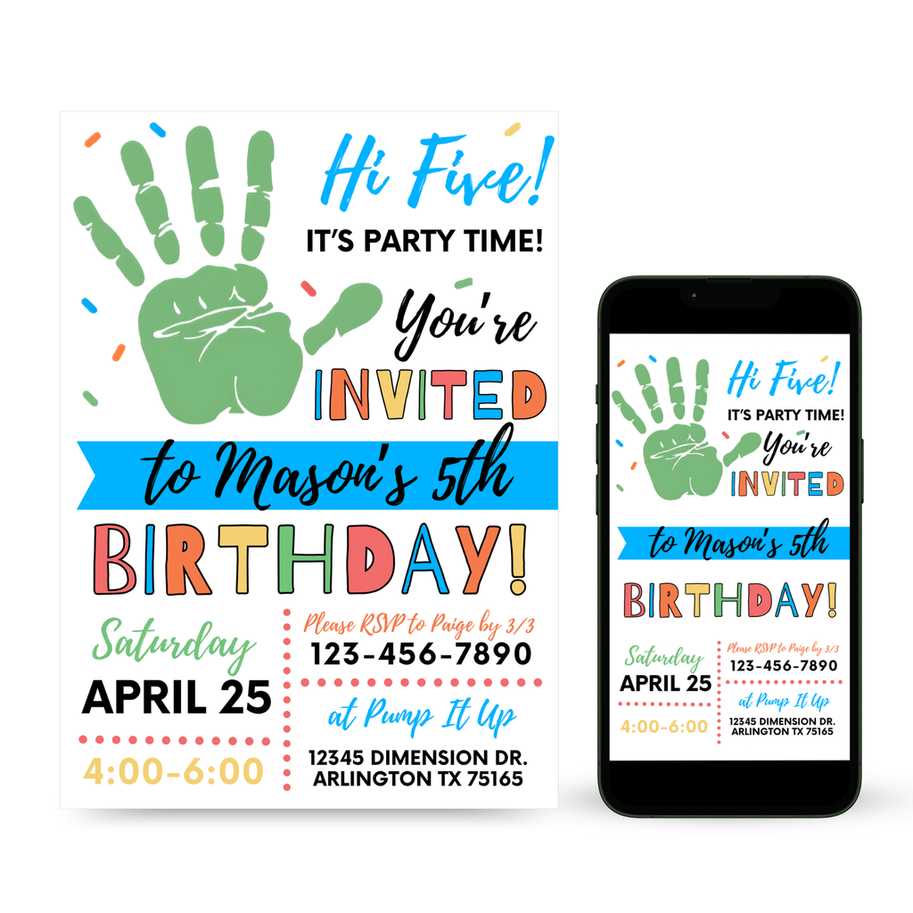 Hi Five 5th birthday invitation colorful kids template