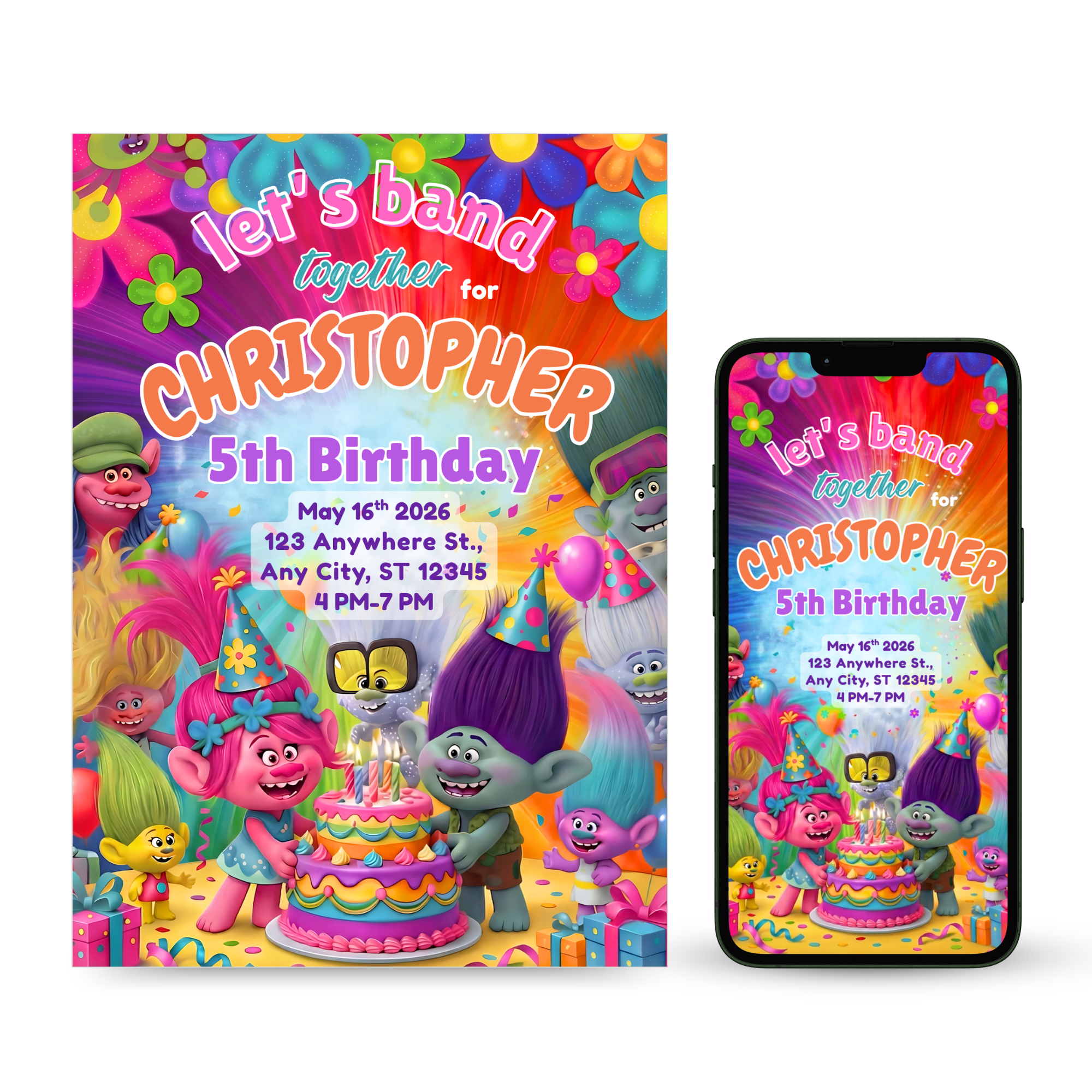Trolls birthday invitation colorful rainbow design