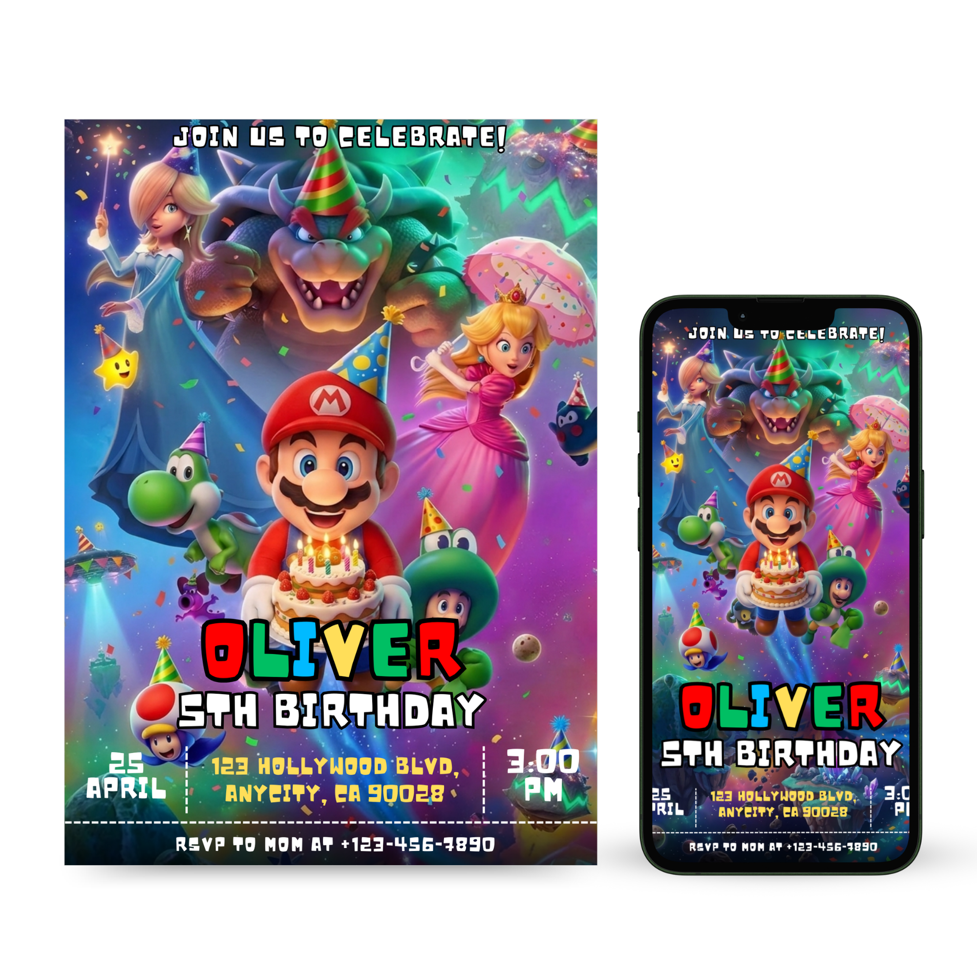Mario Galaxy birthday invitation template editable Canva