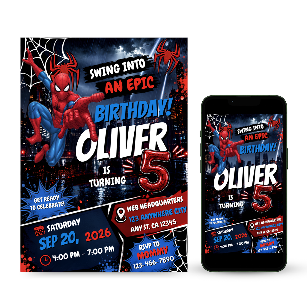 Spider Man Birthday Invitation editable Canva template
