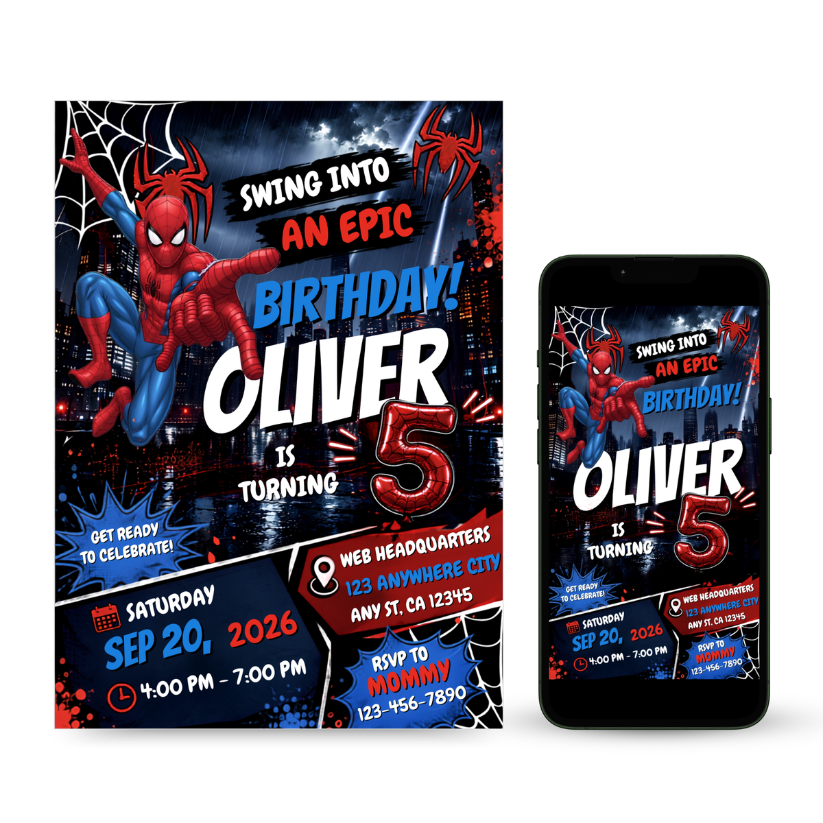 Spider Man Birthday Invitation editable Canva template