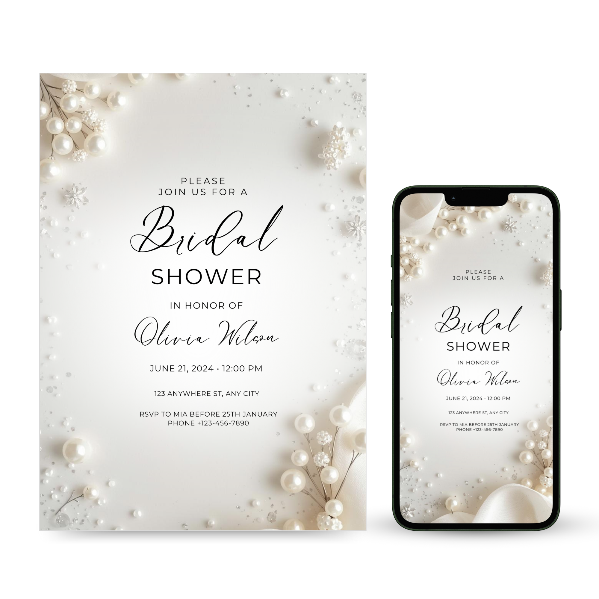 Pearl Dreams Bridal Shower Invitation with elegant pearl accents