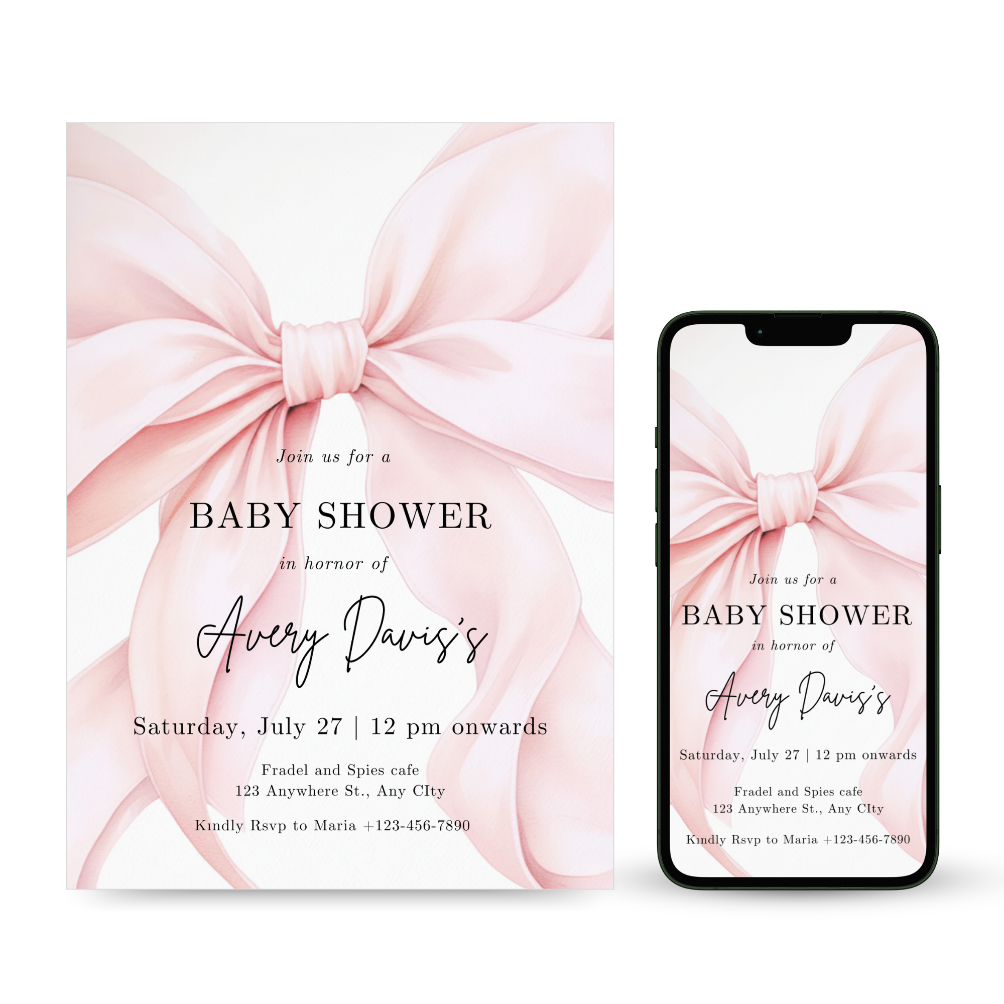 Blush Pink Bow Baby Shower Invitation Template with soft pink background and elegant bow design