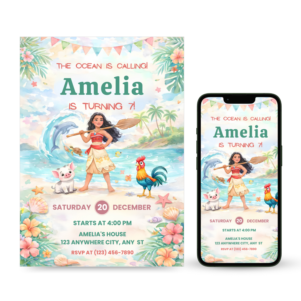 Moana birthday invitation template for tropical kids party