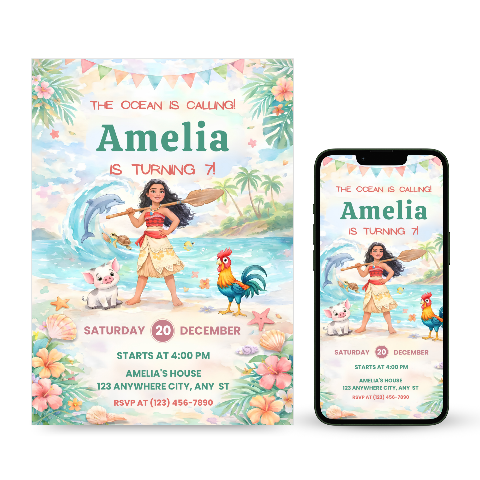 Moana birthday invitation template for tropical kids party