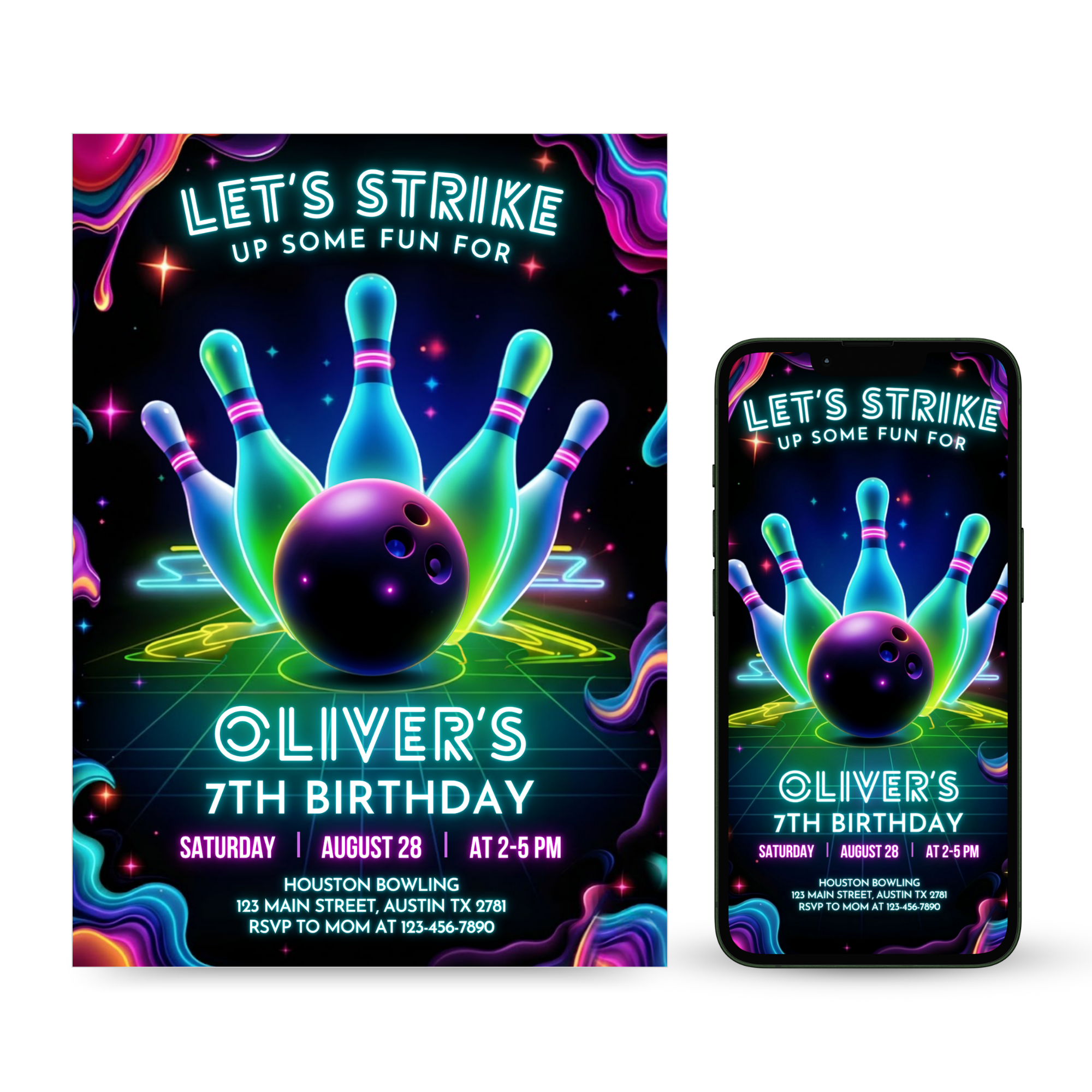 bowling birthday invitation template colorful pins and ball