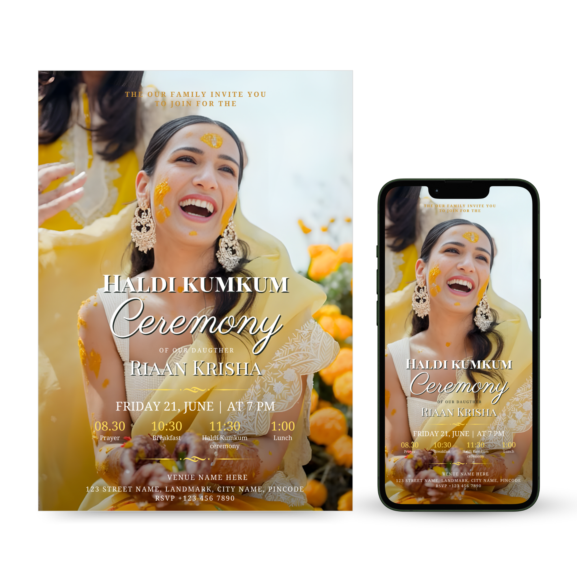 Traditional Haldi Kumkum Invitation with marigold and diya design