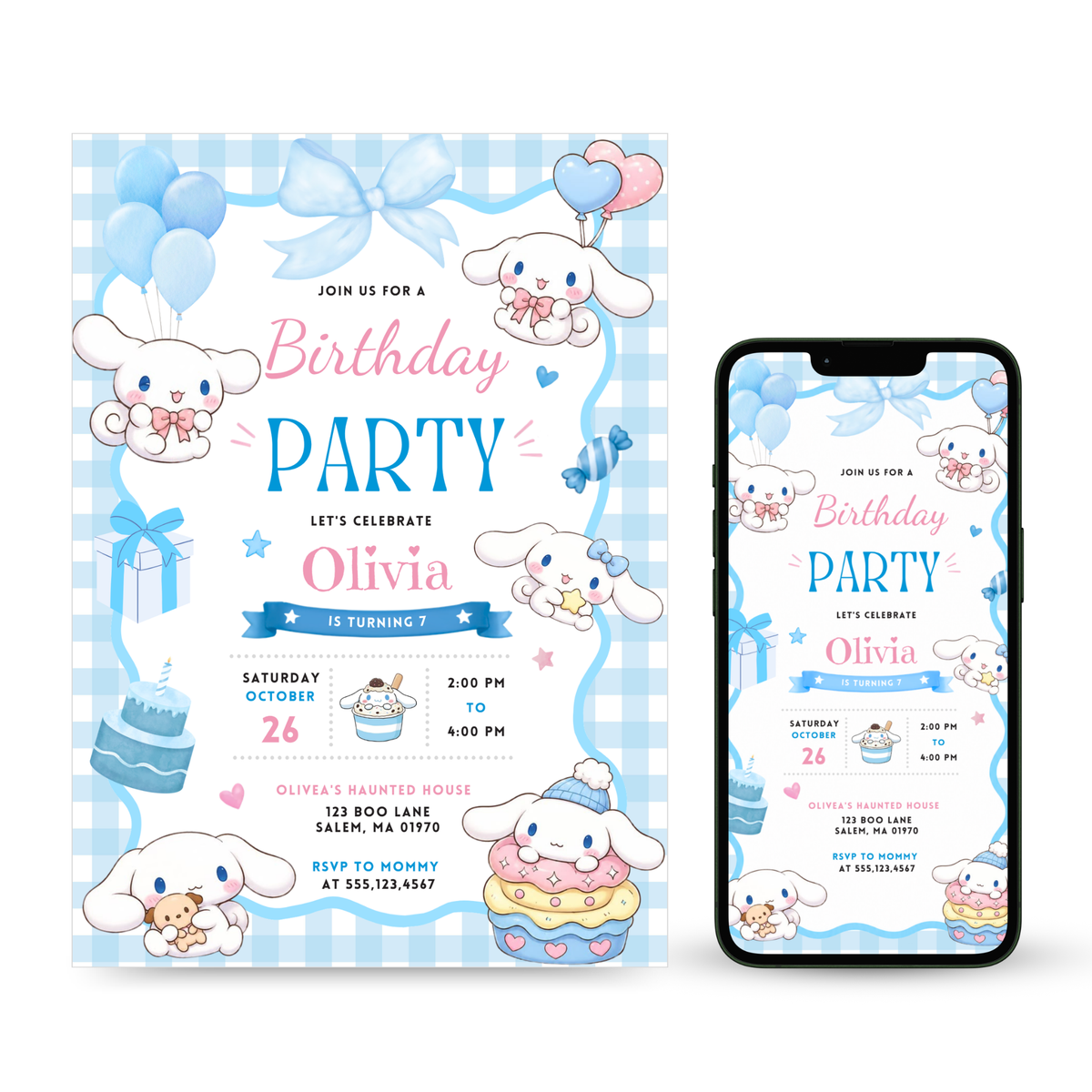 Cinnamoroll Birthday Invitation editable Canva template