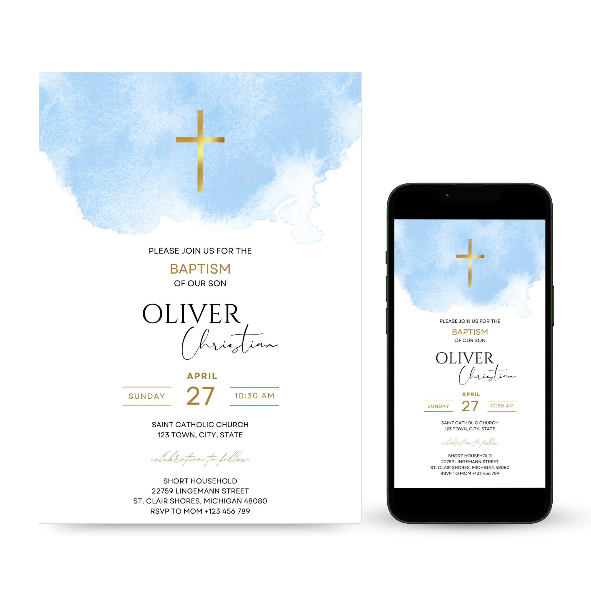 Boy baptism invitation with blue cross and elegant typography