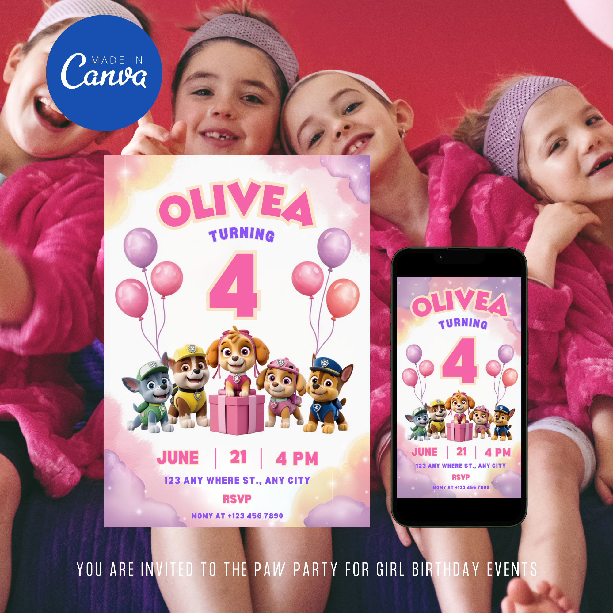 Pink Paw Patrol Digital Invitation for Girls