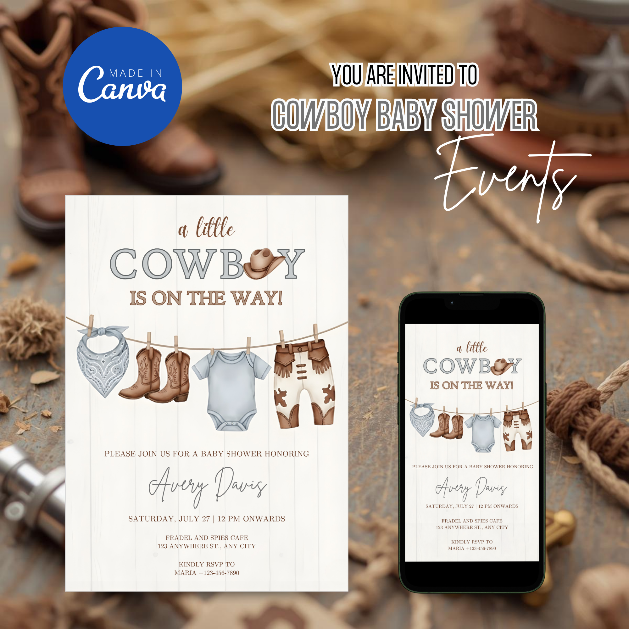Cowboy baby shower invitation with rustic western theme, cowboy hat and boots design