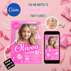Barbie invitation template in pink glam style with editable text layout for a Barbie themed birthday party