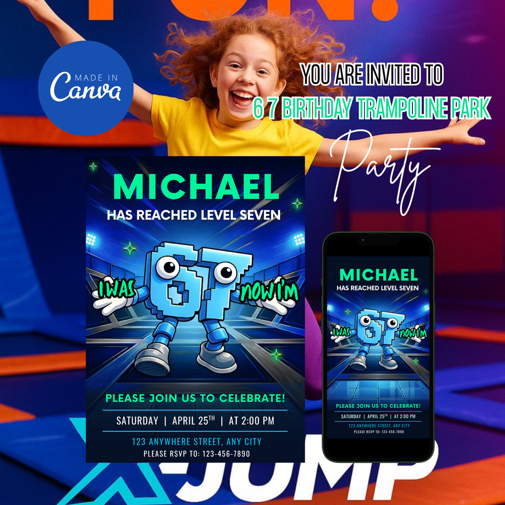 trampoline park birthday invitation template editable canva