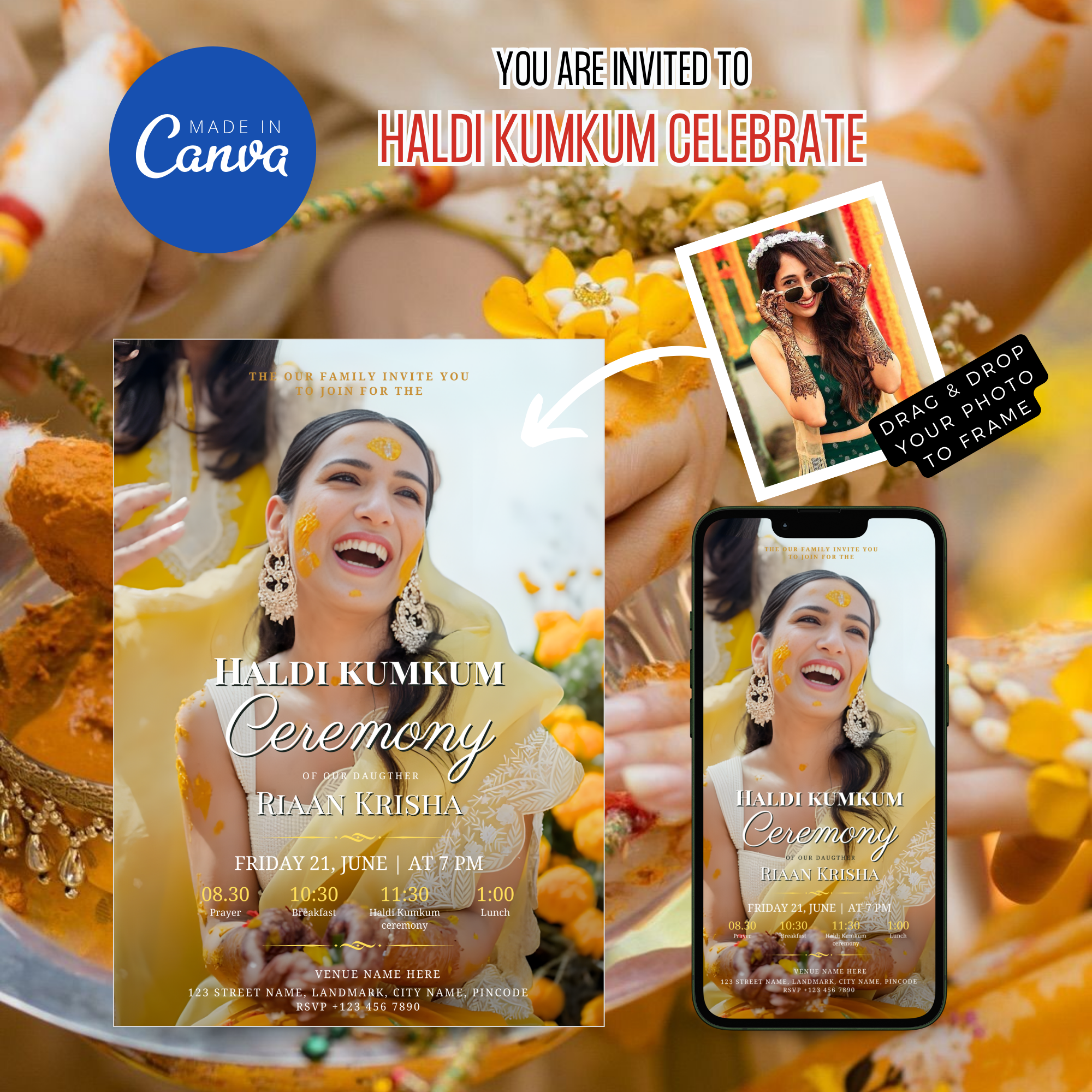 Traditional Haldi Kumkum Invitation with marigold and diya design