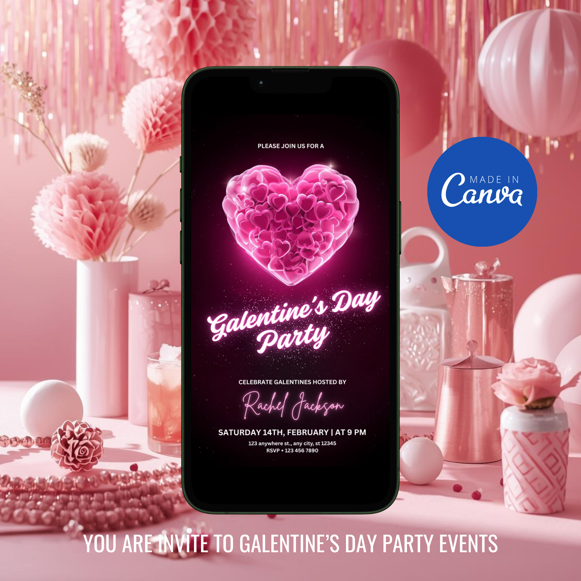 Editable Galentines invitation template for brunch party Canva design