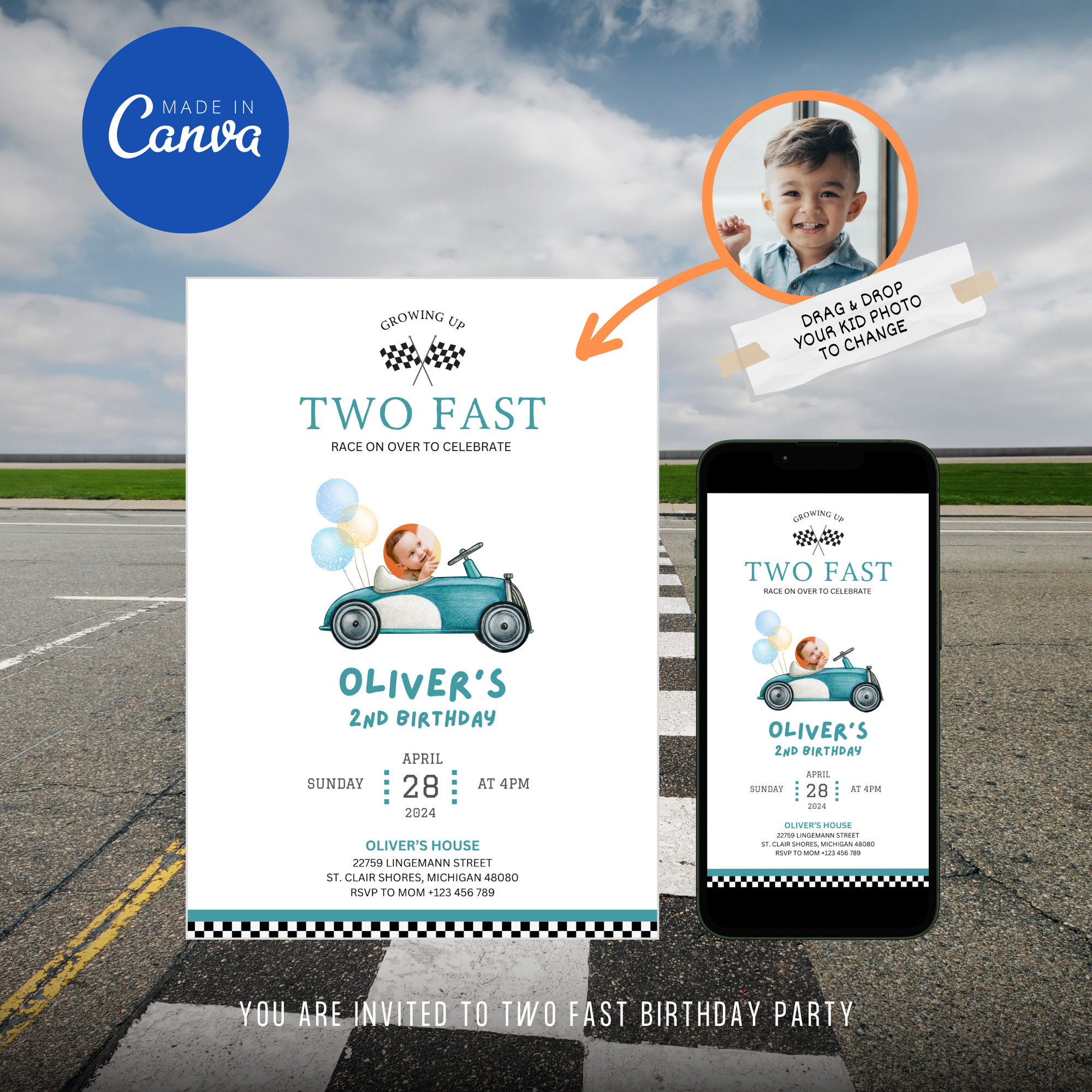 fast two birthday invitation with checkered flag