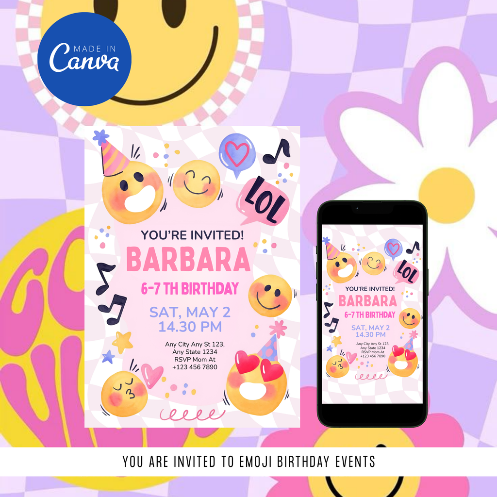 editable emoji birthday invitation canva design
